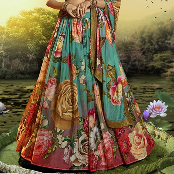 Clothes that matters. Multi Organza Printed With Sequence Lehenga Choli - Picture 2 of 2